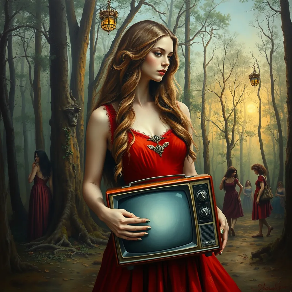 Prompt: a painting of a woman with long hair and a red dress holding a vintage portable tv in a forest with trees and other people, Amanda Sage, fantasy art, intricate oil painting, a fine art painting