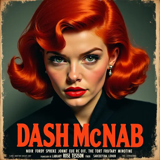 Prompt: A captivating retro noir pulp style movie poster featuring a redhead (face of Actress rose leslie) titled ["Dash McNab"]