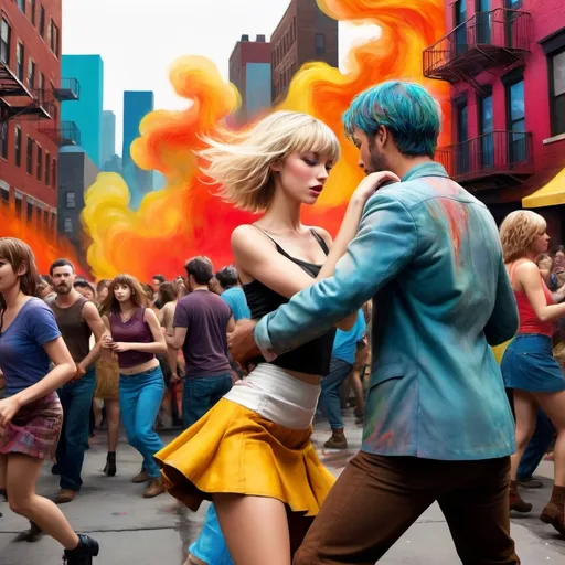 Prompt: Dancing Block party in a (misc-dystopian) post-apocalyptic street scene, (vibrant colors) swirling through the air, a tall, short brown hair man, and woman with medium length blonde bangs hair woman slow dancing embedded amidst a lively crowd, very crowded. Emotion and movement, her short and tight skirt surrounded by movement. An enchanting atmosphere with a live band performing on a tenement fire escape, capturing the essence of urban resilience. (Ultra-detailed) urban backdrop, full of textures and life, creating a unique and colorful juxtaposition. 