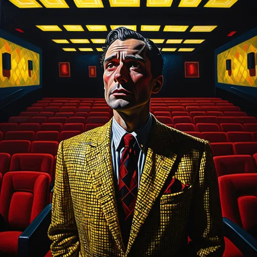 Prompt: photorealistic, (thick impasto color oil painting), vibrant triadic color scheme red, black, yellow, (weeping but regal man (wearing Lou’s checkered suit) standing in a dark movie theater ), his face illuminated dramatically by the flickering movie screen light, somber ambiance, cinematic shadows, a sense of longing and determination , ultra-detailed, capturing the intricate textures and emotions, with a composition that emphasizes isolation and the emotional impact of the film.