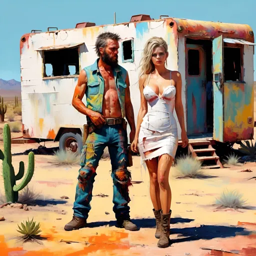 Prompt: <mymodel>Impressionistic thick impasto oil illustration set in the Arizona desert, in a bomb blasted Arizona trailer park. two men in tattered clothes and an alluring woman in a torn and distressed white wedding minidress.  all dressed in crazy color post-apocalyptic fashion, full body shot, large palette-knife strokes, western American style, high quality, thick impasto, oil illustration, post-apocalyptic, detailed crazy colors, full body shot, cactus, desert animals, bombed trailer camp, distressed buildings, large palette-knife strokes, intense, professional lighting
