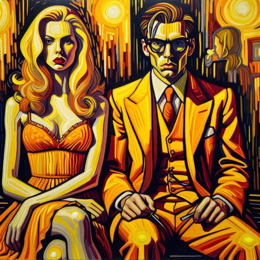 Prompt: Blonde Woman in orange sundress and glasses, Caucasian man in yellow three piece suit, expressionism, dark orange yellow, vibrant use light shadow