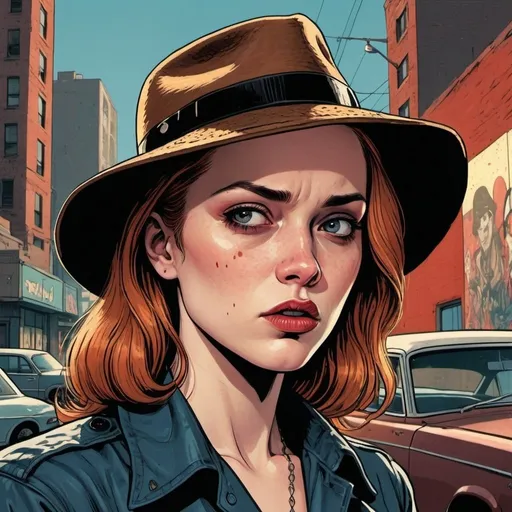 Prompt: Pulp-style color illustration of a woman who looks like Evan Rachel wood in a hat, with a switchblade, many panels comic book style, GTA-inspired background, detailed facial features, dramatic lighting, high quality, urban setting, emotional gaze, near tears, weeping