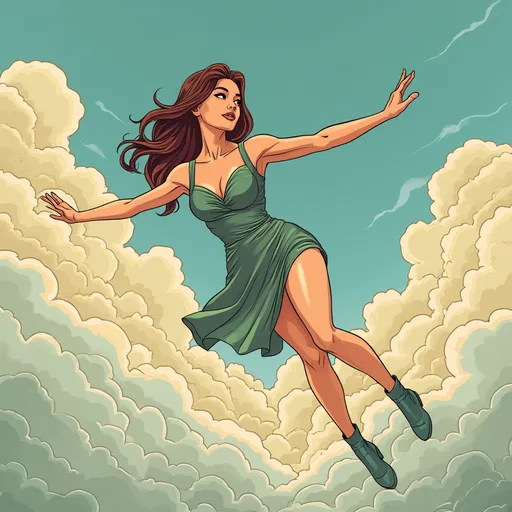 Prompt: (flattish edge papercraft style), muted color palette, (graphic novel illustration), (Will Eisner-inspired), vibrant clouds in the background, (dynamic pose), a beautiful 25 year-old woman skydiving in a cocktail dress, (graphic novel style), (vector style), m.c. escher influences in cloud design, layered texture, high-quality detailing, captivating storytelling essence, ultra-detailed.