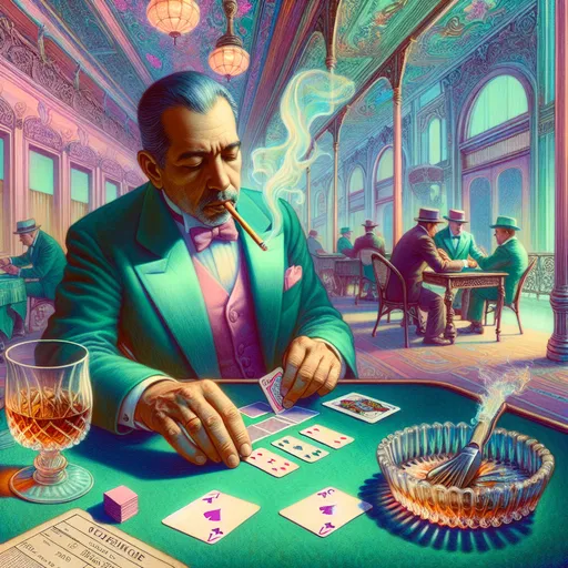 Prompt: Surrealism style image, colored inks, gouache, tridic color pink green blue, man in (hotel lobby), playing solitaire stubbing out cigarette in a (glass ashtray), (vintage elements), bright and vibrant color scheme, whisky glass, racing form.