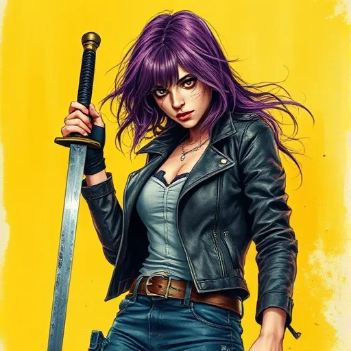 Prompt: Surreal Pulp style illustration of a lone rugged purple hair female assassin, distressed tight jeans clothing, sword, high collar fully buttoned leather jacket, yellow and green tones, colored inks, gouache, watercolor, colored pencils, strong colors, professional, detailed eyes, atmospheric lighting