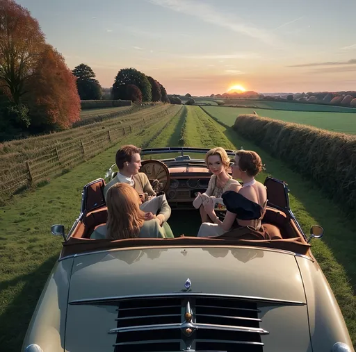 Prompt: Four people in an open topped vintage convertible. English countryside. Autumn. Setting sun.