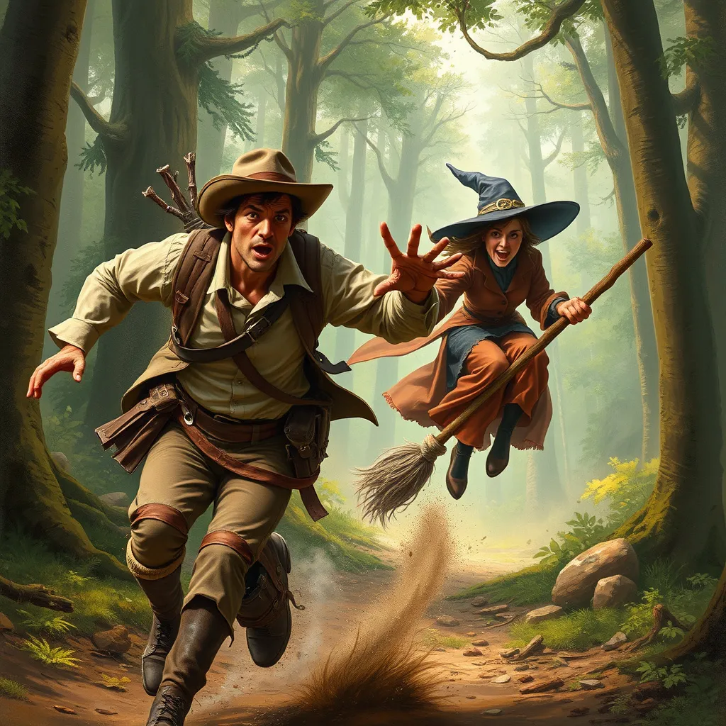 Prompt: (surrealism), (figures in motion), determined male character in vintage explorer outfit energetically chasing after an amused witch who is riding on her broomstick through a dense forest.
.