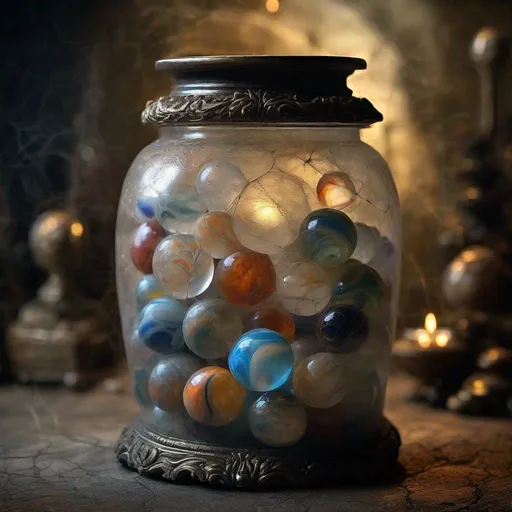 Prompt: Antique jar of magical marbles, old cobweb magical cave, ancient, mystical, detailed, highres, ancient artifacts, magical atmosphere, fantasy, eerie lighting, cobweb-covered, enchanting, vintage, mystical marbles, antique glass jar, atmospheric, mysterious, fantasy art, dimly lit, high quality, detailed shadows, immersive, dark fantasy, ethereal