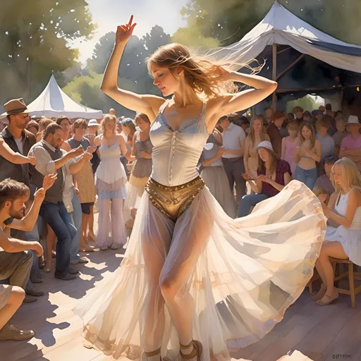 Prompt: <mymodel>renaissance fair, woman dancing and playing tambourine on stage in saucy transparent costume, style of Steve hanks