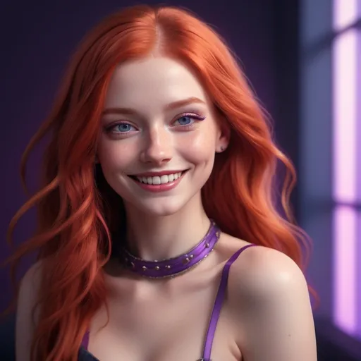 Prompt: Cartoony portrait of a beautiful mid-twenties Scottish woman, long pale red hair, smiling expression, pale skin, surrealistic details, 8k render, cinematic lighting, dramatic, synthwave, bare shoulders, purple choker, detailed eyes, detailed hair strands, professional, vibrant colors, surreal, high quality