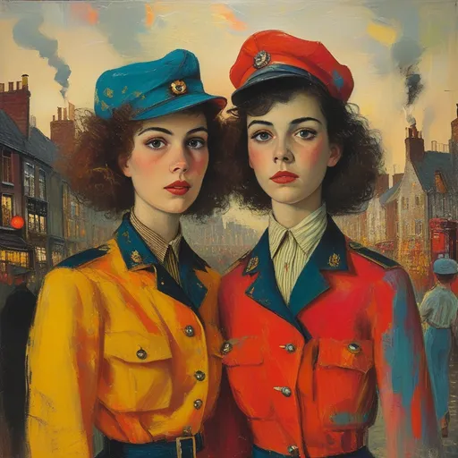 Prompt: (surrealism style mid waist portrait ), vibrant color scheme, (1941 London), shadowy streets at night, mid waist portrait of two attractive messy haired women in uniform (highly detailed facial features) outside a quaint pub, search lights streaking through a tumultuous sky, vivid explosions lighting the dark atmosphere, bombed and ruined structures surrounding the scene, (dramatic), chaotic ambiance, high contrast between shadow and colorful explosions, (ultra-detailed), evocative imagery, sense of urgency and dread.