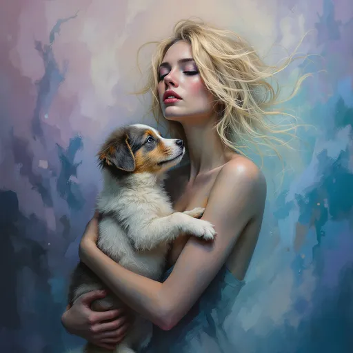 Prompt: Abstract art depicting the sadness of a blonde woman with border collie puppy, expressive brushstrokes, muted colors with soft pastels and gray undertones, embracing an ethereal vibe, chaotic yet harmonious blended portrait, incorporating elements of transparent glass mosaics, secretly intertwining emotions in a mesmerizing explosion of color and form, high depth cinematic masterpiece, ultra-detailed.