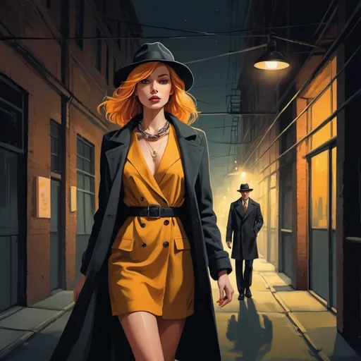 Prompt: An intriguing and mysterious illustration featuring a very feminine slender small breasted woman with medium length light yellow with orange highlights hair with a few bracelets on her wrists and a variety of necklaces. walking along the warehouse district at night.  Two men follow her, hats, long coats. Her dress is very short but her neckline is high and square cut, her legs are long. The color palette is a dark combination of film noir warehouse and lamplight, with a touch of confident attitude., illustration, fashion, 