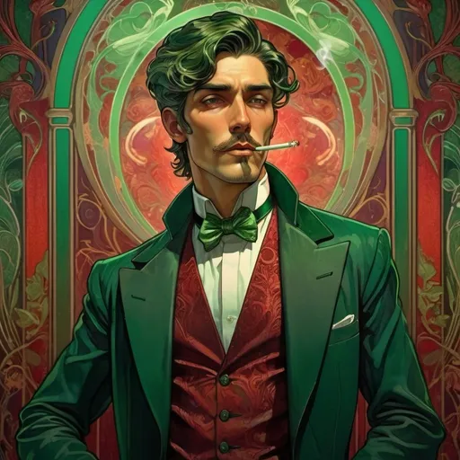 Prompt: Tall, dark, handsome man in artstyle-pop art, smoking in an eerie art nouveau ballroom, wearing a red velvet suit, piercing green eyes, dark hair, atmospheric night setting, highly detailed 4k image, art nouveau, high quality, complex portrait, eerie lighting, professional