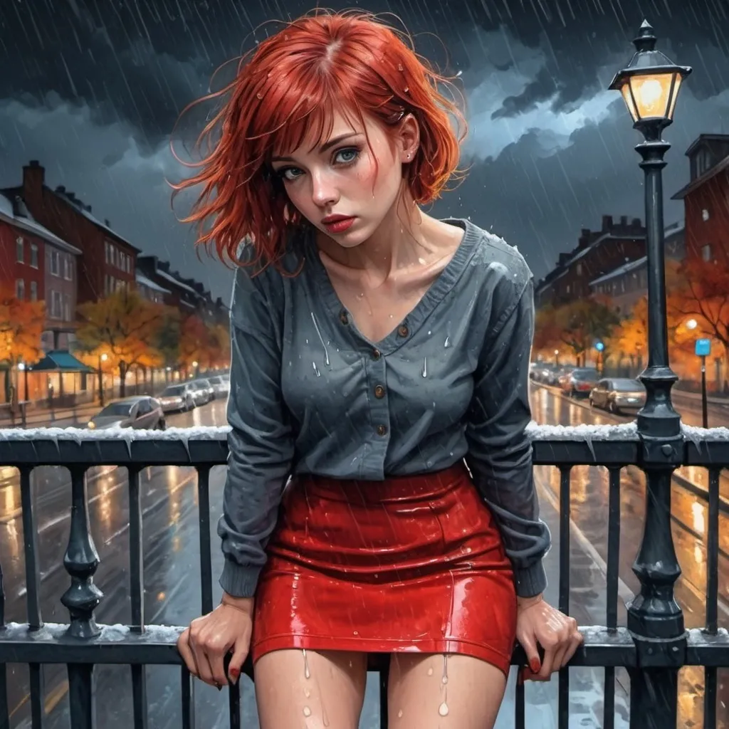 Prompt: 4k, high resolution, detailed, mixed media, colored inks, gouache, watercolor, dramatic, expressionism, night, rain, wind, snow, dark clouds. pretty red short red bangs hair woman and gray-haired, gray bearded, man leans against railing,  park, autumn, street light, raining, blue eyes, short brown   hair,  cute tight red mini skirt reveals legs ,focus on legs, high heels, close up, dark colors , night,  detailed eyes, dramatic expression, autumn park,  raining, professional, fashion , wet, distressed skirt, red themed photo 