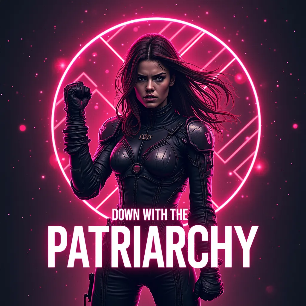 Prompt: (interstellar  poster, exact text: Down With The Patriarchy) futuristic, sci-fi style, (intricate details), confident  woman in futuristic gear (with an angry raised fist), high-tech elements, glowing outlines, dramatic neon magenta colors, dark background, magenta atmospheric lighting, capturing a sense of danger and allure, ultra-detailed, dynamic composition, evokes curiosity and thrill, captivating visual storytelling, featuring various galactic symbols and technologies.