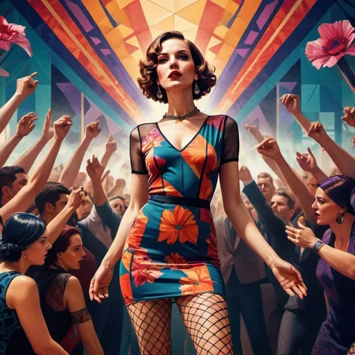 Prompt: A (pretty woman) in a very short floral dress and fishnet tights, surrounded by political protesters, (art deco style), vibrant color scheme, dramatic and vivid hues, dynamic composition, high contrast lighting, intense and energetic atmosphere, abstract background with geometric patterns, 4K, ultra-detailed, cinematic masterpiece.