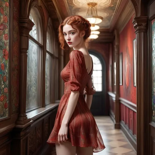 Prompt: (Time traveler modern 2020s woman), attractive very slender small waist Caucasian wavy Scottish pale red braided upswept hair, wearing a chic (very exceedingly short thigh high flared translucent minidress) looking sideways over her shoulder, full of confidence, set against a lavish hallway brightly lit intricately decorated in the (artistic style of Edward Burne-Jones), with rich colors and ethereal details, (highly detailed),