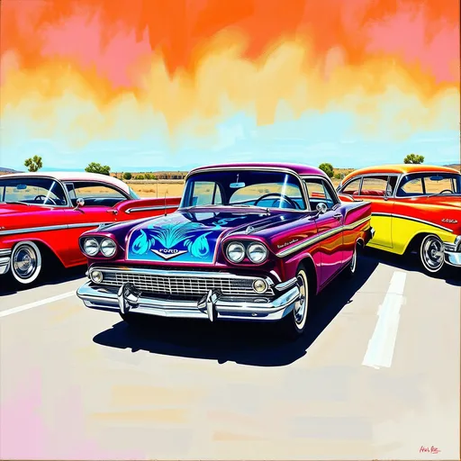 Prompt: (precise oil painting of a three New Mexico Lowrider cars)  (all different colors) parking lot.  1961 Plymouth, 1958 Ford Edsel, 1955 Chevy Bel-Air.  A typical lowrider car paint job is characterized by vibrant, often "candy" colors with a high gloss finish, intricate custom designs incorporating geometric patterns, murals, or religious symbols, heavy use of metallic flake, and meticulous pinstriping, all meticulously applied to create a visually striking and personalized "rolling artwork" aesthetic, often with a focus on smooth color transitions and fades across the car's body; the paint scheme is usually complemented by chrome accents and other custom details. 