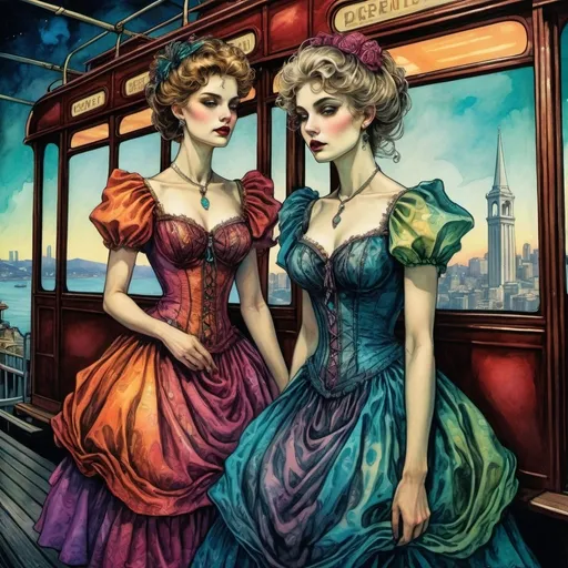 Prompt: Surrealistic, fantastical mystery mystic mythic illustration of two woman in party dresses, UHD facial features, San Francisco cable car, Arthur Rackham style, vibrant colored triadic inks, bizarre, short dresses, fantasy, detailed, highres, surreal, magical lighting, vibrant colors, professional, atmospheric lighting