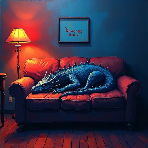 Prompt: The words above the sleeping dragon reads: ‘Dragons Rock’.Vibrant expressionist painting of a sleeping dragon on a living room couch, dark blue and red color palette, dynamic lighting with dramatic light and shadow, high-quality, expressive, dark red, blue, vibrant, light and shadow, expressionism, couch, living room, sleeping dragon