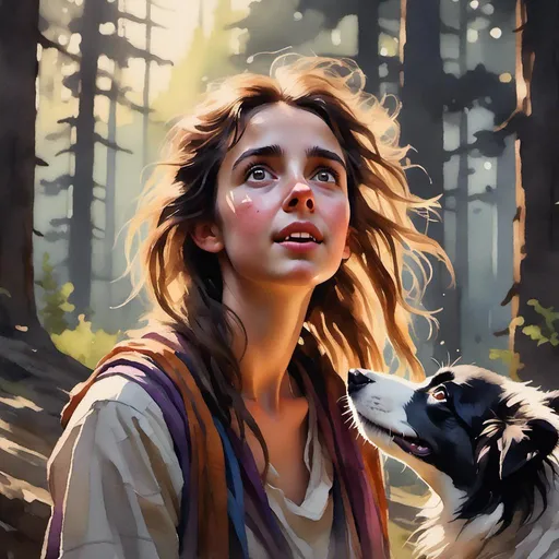 Prompt: <mymodel>Slender, pointy ears, border collie in action, watercolor, crying lost tree girl in forest, highres, detailed fur, emotional, watercolor painting, detailed eyes, forest setting, traditional art, emotional lighting