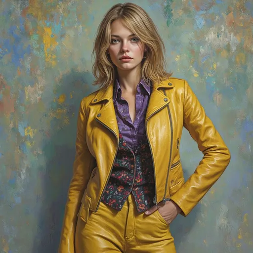Prompt: This is a highly detailed, realistic digital painting of a slender skinny 30 year old woman who looks exactly like slender actress Emily blunt, stylish appearance. SHe has medium length, slightly disheveled blonde and piercing hazel gaze directly at the viewer with a flirtatious come hither, inviting expression. Her face has a resemblance to actress Emily blunt. SHe is wearing a vibrant, mustard-yellow leather jacket that is completely buttoned, revealing a deep purple, slightly worn shirt underneath. The shirt is unbuttoned at the top. SHe also wears a dark, intricately patterned vest over the shirt, and her skirt is a matching mustard-yellow, blending seamlessly with the jacket. The texture of the leather jacket is smooth yet slightly worn, with visible creases and folds. The background is an abstract, multi-colored blend of blues, greens, and yellows, with a rough, textured finish that contrasts with the smoother textures of his clothing. The woman's left ear is adorned with a small, simple earring. The overall style of the painting is hyper-realistic, with meticulous attention to detail in the textures and colors, giving a lifelike quality to the subject and her clothing.