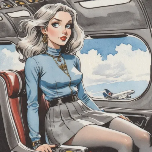 Prompt: Crowded airplane. Mixed media,  Colored pencil portrait, gouache, ink, watercolor style of Steve hanks, dynamic wide shot of a blue eyed pale slender 25-year-old leggy Caucasian Scottish complexion woman, blonde dreadlocks, perfect legs, wearing very short tight gray satin skirt suit, matching gray satin jacket, turtleneck blouse, skin color tights, long ornate earrings, sitting in her seat with slightly parted legs in first class airplane section, nearby passengers in other seats  high-quality, watercolor, detailed eyes, realistic, vibrant colors, professional lighting