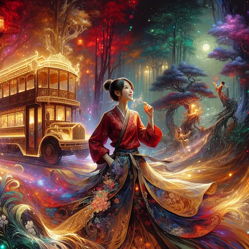 Prompt: Fantasy illustration of a woman enjoying her ride on a magical bus, enchanted forest setting, vibrant and ethereal red and gold. color palette, flowing and mesmerizing lighting, high quality, detailed clothing, fantasy, enchanted, vibrant colors, ethereal lighting, magical bus, detailed tight skirt and cropped jacket, stylish woman, professional art style