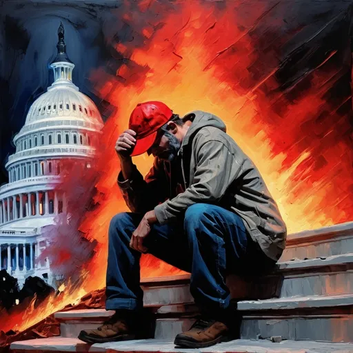 Prompt: Stylized impressionistic medium close up painting of a weeping man in red cap, seated on the the US Capitol steps at night, Capitol building dome is on fire, post-apocalyptic scene, ruins, large palette-knife strokes