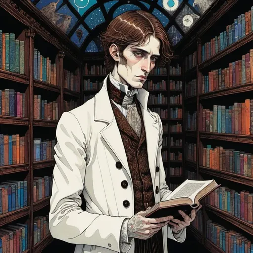 Prompt: Harry Clarke style illustration, strong colors, Surrealism, bizarre, fantastical, fantasy, a magical house, a vast Victorian library, A man with an open medical kit stares books,  25 year old, neat trim brown mullet hair,  doctors white coat, Surreal, detailed facial features 