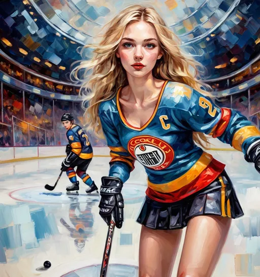 Prompt: 22-year-old slender pretty flaxen hair woman (wearing ornate figure skating dress) (holding a hockey stick) is on the ice scoring a goal, other players and goalie,  holding a hockey stick, thick impasto oil illustration, large palette-knife strokes, tarot card style with hockey puck theme, impressionistic, high quality, thick oil paint, detailed figure skating clothes, hockey stick, vibrant silver and gold tones, artistic, professional lighting