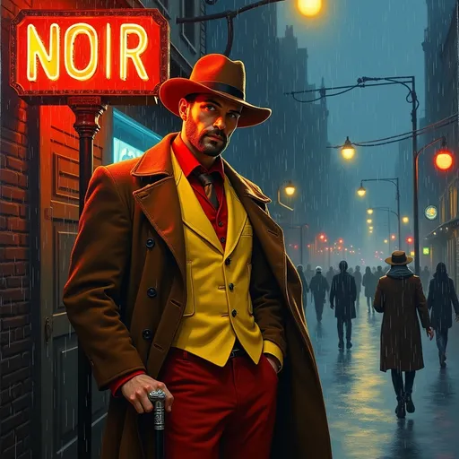 Prompt: "Full length full body thick impasto oil painting art by Robert Maguire , invent a tight red and yellow pimp suit, long brown coat, pimp hat, cane or walking stick, short 
 hair and beard Caucasian male protagonist, vibrant [NOIR] sign, character with noir bar neon street lamplights, rain snow, wanton women in distant background"