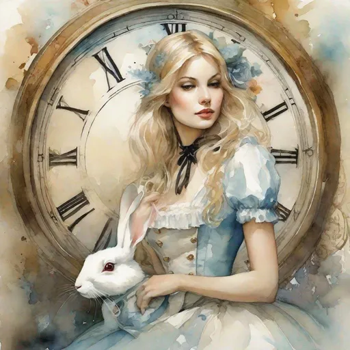 Prompt: Surreal, watercolor, Harrison Fisher style illustration of a slender 27-year-old Alice in Wonderland, white rabbit in waistcoat and pocket watch, curious expression, delicate features, flowing pastel tones, dreamlike atmosphere, ethereal, mixed media, highres, detailed, professional
