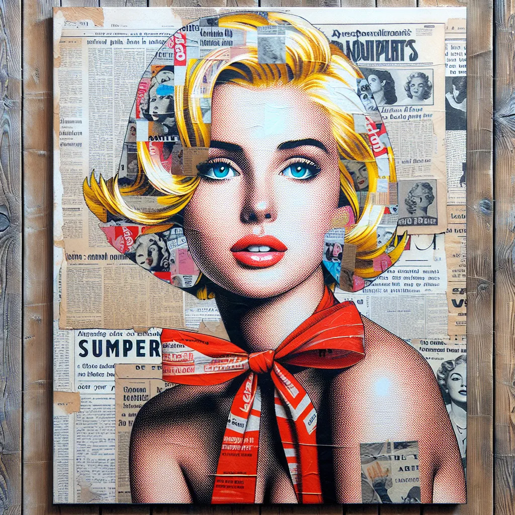 Prompt: a painting of a woman with blonde hair and blue eyes surrounded by newspaper pages and magazines, with a red ribbon around her neck, Derek Gores, pop art, tristan eaton, a pop art painting