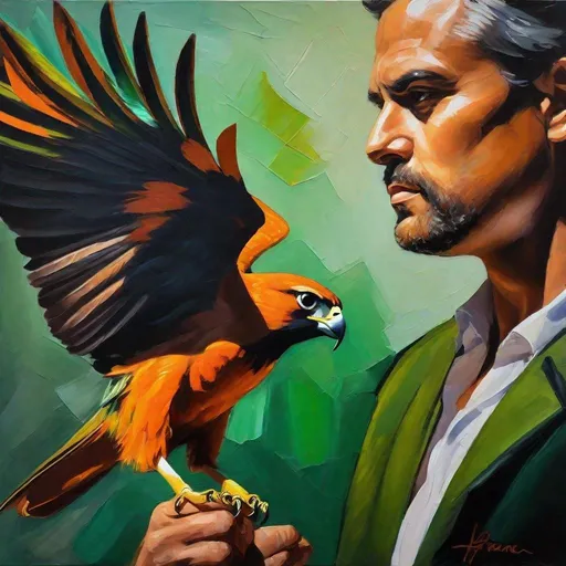 Prompt: Man with a bird of prey on his fist, vibrant use of light and shadow, dark orange and green, expressionism, high contrast, detailed feathers, intense gaze, oil painting, professional quality, expressive, dramatic lighting