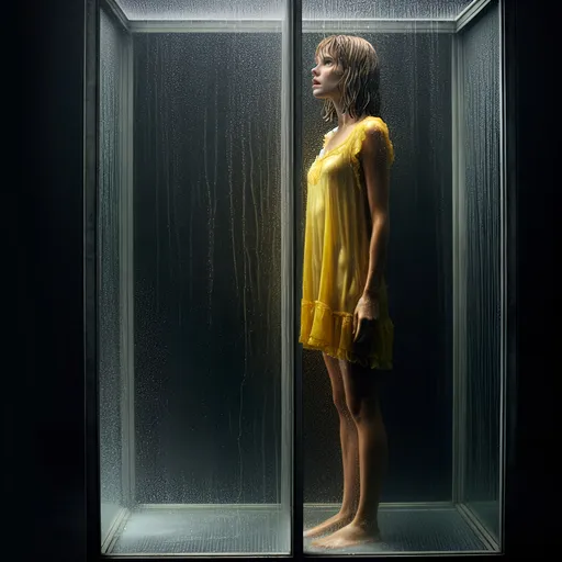 Prompt: (Full body) (in profile) slender blonde bangs Woman (wearing yellow very short lightweight cotton thigh-high babydoll crew neck minidress) detailed facial expression (very wet hair) trapped in a (wet water-raining life-size water splashed glass cubicle), dark room with (black empty walls), emphasizing isolation and vulnerability, figurative art, inspired by F. Scott Hess, reflecting deep emotions, (naturally textured realistic skin), (soaking wet clothing), stylistically aligned with Milo Manara, dramatic lighting to cast intriguing shadows, high detail, evocative atmosphere. Cinematic lighting.