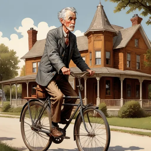Prompt: Norman Rockwell style. Midwestern rural 19th century wooden hotel, 70 year old man with gray hair rides bicycle.  HD detailed facial features, detailed eyes, detailed bicycle. rural street, vintage atmosphere, detailed wooden architecture, serene countryside setting, high quality, vintage illustration, warm tones, nostalgic lighting