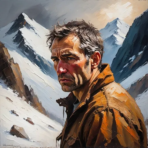 Prompt: Distressed man facing approaching avalanche, impressionistic, large palette-knife strokes, high contrast, dramatic lighting, snow-covered mountain, rugged terrain, intense emotional expression, wild and chaotic atmosphere, raw and textured, oil painting, high quality, high contrast, dramatic lighting, distressed man, approaching avalanche, snow-covered mountain, rugged terrain, raw emotion, large palette-knife strokes, impressionistic, wild atmosphere, textured, intense expression