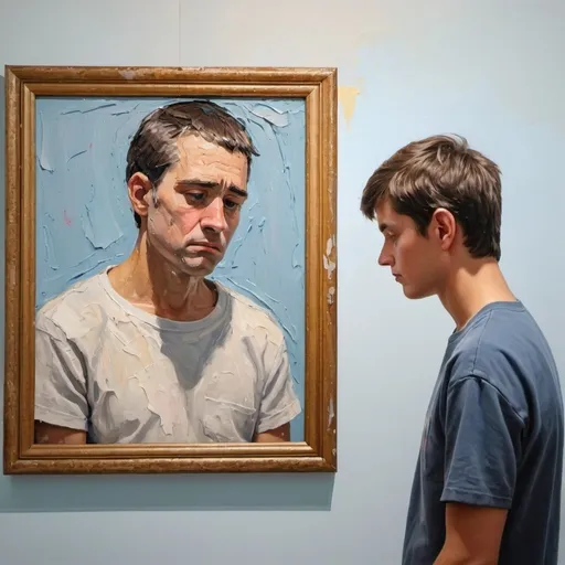 Prompt: thick impasto oil painting of sad man looking at a framed photo of a happy tween girl, thick bumpy paint strokes