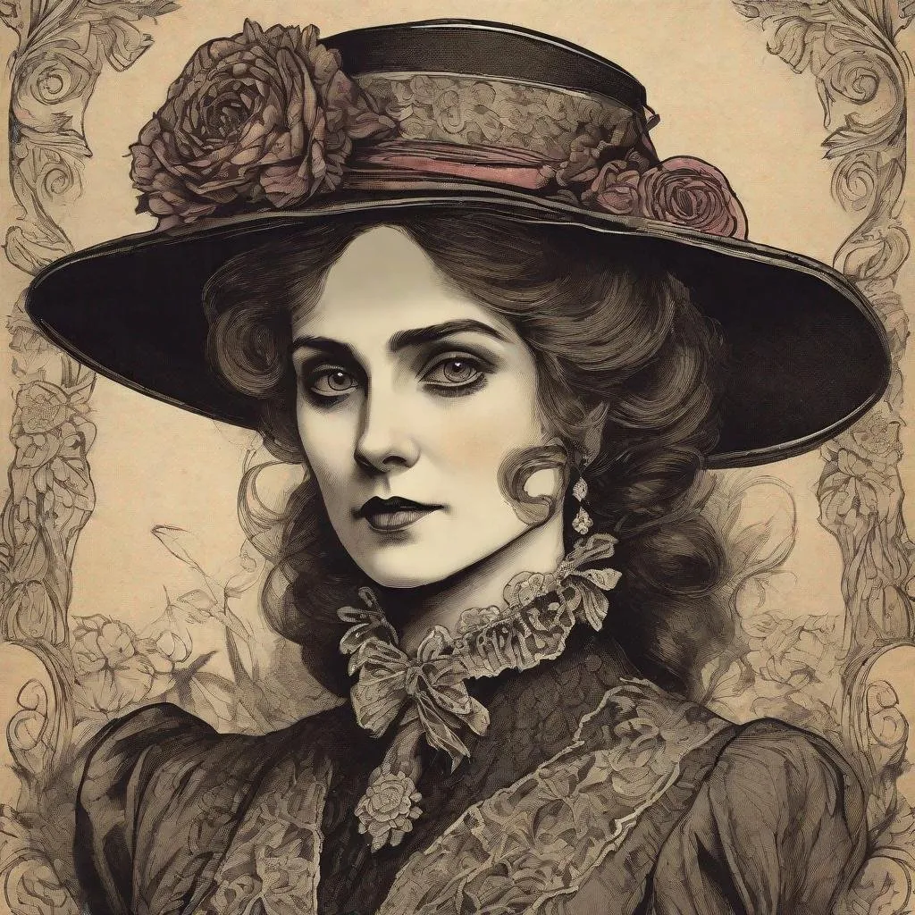 Prompt: Colored ink drawing of an Edwardian woman, detailed facial features, elegant attire, vintage paper texture, ink drawing, exotic flower bouquet, antique axe, gothic, intricate linework, macabre, Edwardian style, detailed eyes, vintage, professional, high-res, dark tones, dramatic lighting