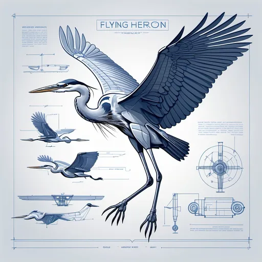 Prompt: Technical blueprint sketch of a flying blue heron) , detailed line art, precise measurements, innovative design elements, various angles and components, clean layout, intricately labeled parts, minimalist style, monochromatic scheme, high-quality illustration, ideal for product conceptualization, suitable for professional presentations.