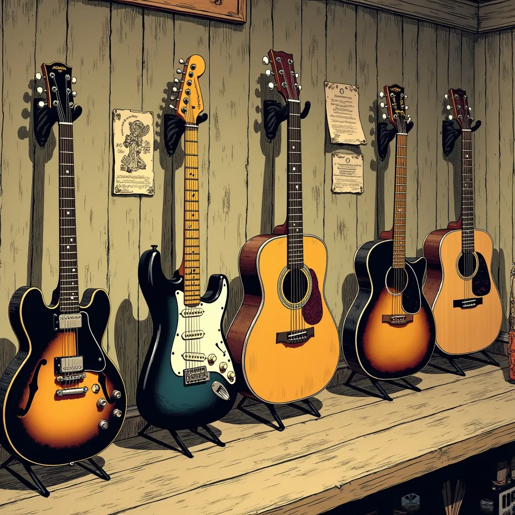 Prompt: Junji Ito manga style, inside a guitar store there are several highly detailed guitars displayed on a vintage wall (old wood, decals). There’s a 1959 Gibson 335 vintage guitar, a 1965 fender Stratocaster, a 1959 Leslie Paul, and a vintage Gibson acoustic guitar, Manga scene.