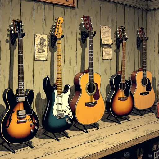 Prompt: Junji Ito manga style, inside a guitar store there are several highly detailed guitars displayed on a vintage wall (old wood, decals). There’s a 1959 Gibson 335 vintage guitar, a 1965 fender Stratocaster, a 1959 Leslie Paul, and a vintage Gibson acoustic guitar, Manga scene.