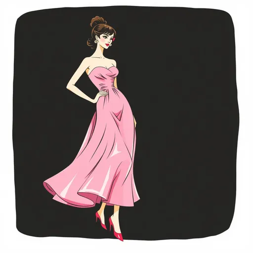 Prompt: (retro hand-drawn fashion advertisement poster), (Leonetto Cappiello style), full body, black background, pastel Pink dress