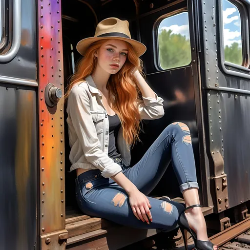 Prompt: <mymodel> (19 year old woman with long messy strawberry blonde hair and hat (natural textured skin freckles) sitting in the open door of a black and silver railroad car), (tight jeans and high heels), (perfect legs crossed), vibrant black and silver railroad car, colorful inks, (watercolor style of Steve Hanks), palette knife brush strokes, bumpy textures, whimsical feel, (figurative art), breezy atmosphere, bright sunlight, detailed background, (promotional image), ultra-detailed, high quality.