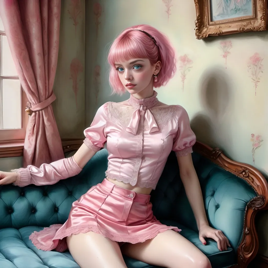 Prompt: On a couch in an ornate Victorian hotel. Colored pencils, mixed media, gouache, watercolor, ink. Pastel tones.  a solitary woman lies on a couch. Parted legs, hand between legs. Full body shot. Pink Miniskirt.  Woman alone, no man with her. Wide eyed beautiful short pink bangs hair with freckles. wavy hair, raw photo. Solitary Slender small-waist long legs, two bright blue eyes. She wears  pink satin miniskirt with high collar matching crop top, long earrings, natural textured skin, high-quality, detailed, realistic, , atmospheric lighting,  solitary woman lying on couch legs parted in pink miniskirt , short pink bangs hair, leggy, mixed media, colored pencils, watercolor, gouache, ornate Victorian couch, hotel, pink haired 