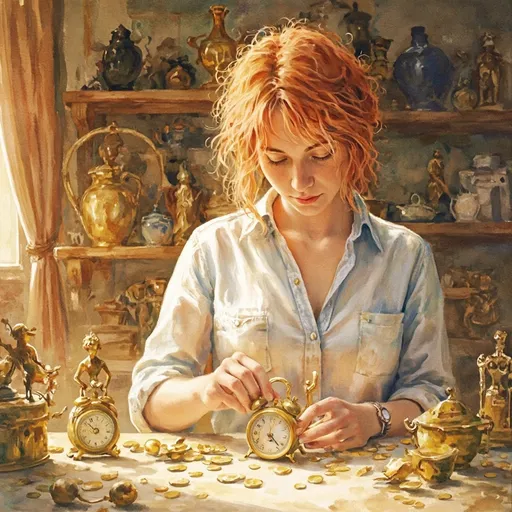 Prompt: Dreamy watercolor illustration. Close-up portrait. A 35 year old messy reddish blonde-haired woman sorts gold antique figurative statues, gold clockwork timepieces and gizmos, gold coins. Macro shot. Whimsical beachcomber style. Soft brushstrokes on reddish-blonde messy hair. Warm light dancing on table covered in gold items. Background with shelves full of gold pottery and statues. Golden hues on wooden floor. Soft, warm golden light. Best quality, highly detailed, vibrant, ethereal, serene, coastal, beachy, whimsical, dreamy, watercolor texture, impressionist.