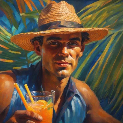 Prompt: Man in 20s wearing straw hat, holding tropical drink, expressionism, vibrant use of light and shadow, highres, detailed eyes, impressionistic, dark orange, blue, vibrant lighting